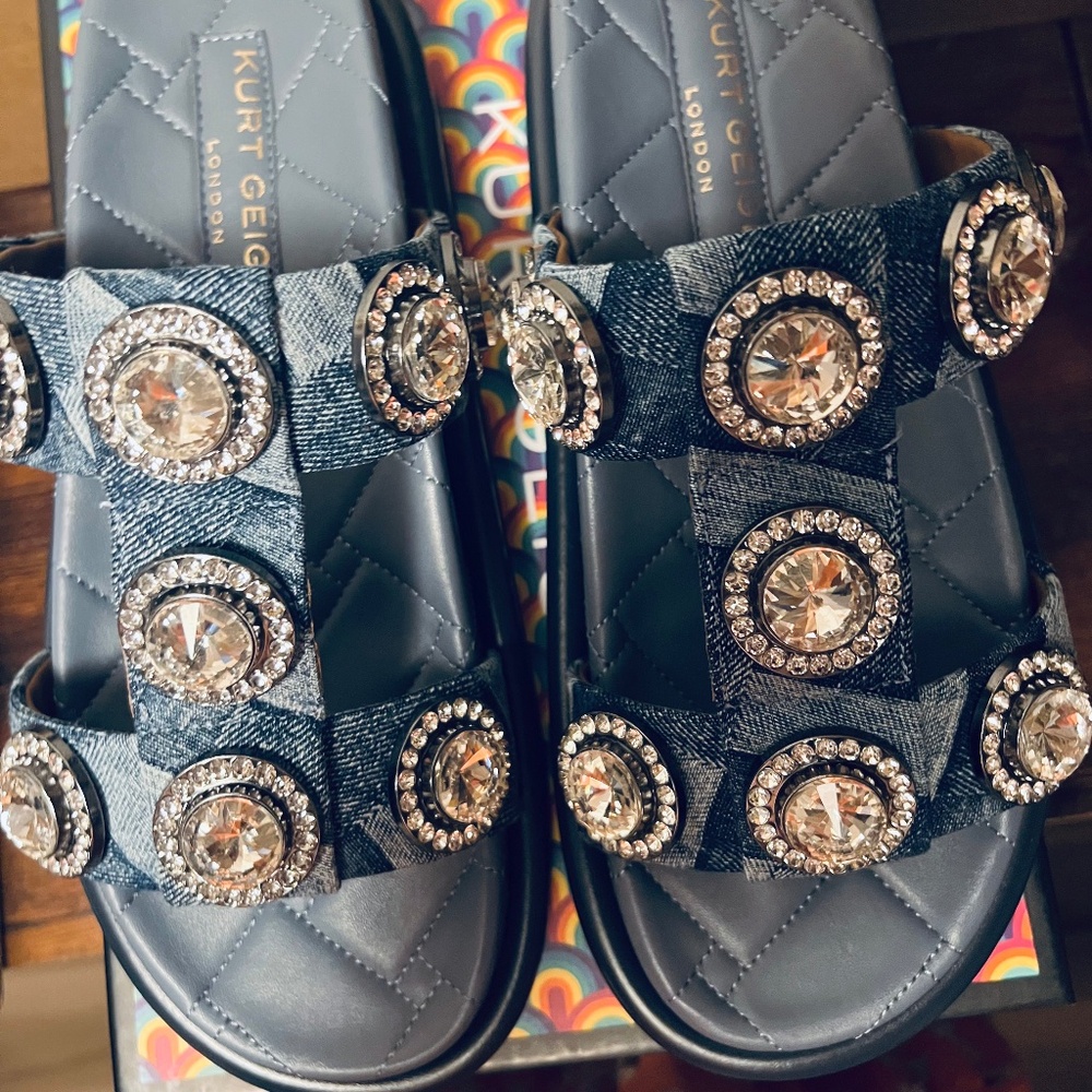 Brand New Kurt Geiger Orson Crystal Denim Sandals